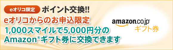 eオリコからのお申込限定!1,000スマイルで5,000円分のAmazon(R)ギフト券に交換できます