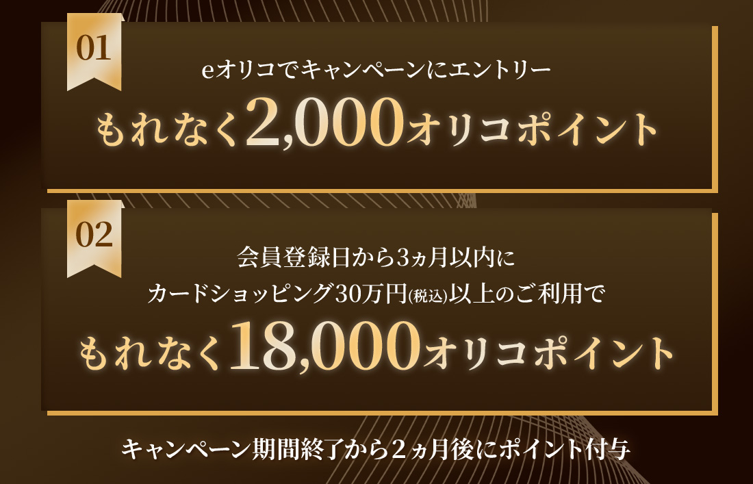 01 eオリコでキャンペーンにエントリー もれなく2,000オリコポイント 02 会員登録日から3ヵ月以内にカードショッピング30万円(税込)以上のご利用でもれなく18,000オリコポイント キャンペーン期間終了から2ヵ月後にポイント付与
