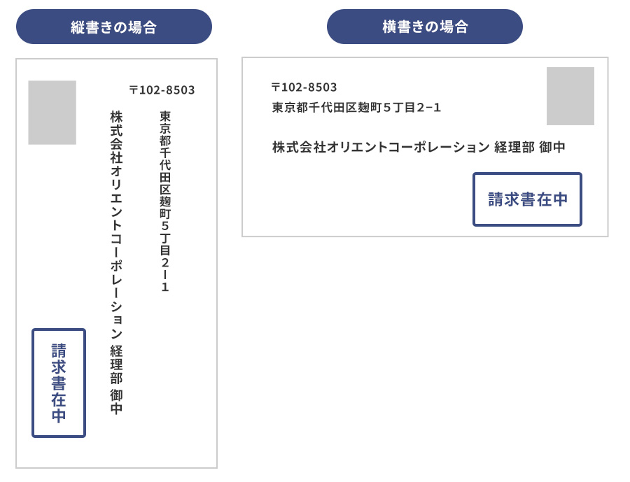 請求書を送る取引先の住所・社名・部署名が記載された、縦書きと横書きの封筒の画像