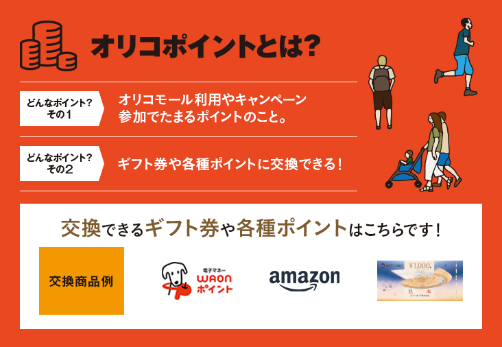 オリコポイントとは？ どんなポイント？ その1 オリコモール利用やキャンペーン参加でたまるポイント どんなポイント？ その2 ギフト券や各種ポイントに交換できる！ 交換できるギフト券や各種ポイントはこちらです！ 交換商品例：WAONポイント Amazon UCギフトカード