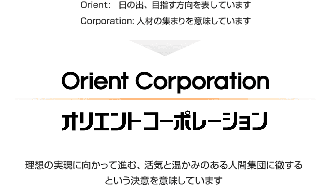 Orient：日の出、めざす方向を表しています　Corporation：人材の集まりを意味しています　理想の現実に向かって進む、活気と温かみのある人間集団に徹するという決意を意味しています