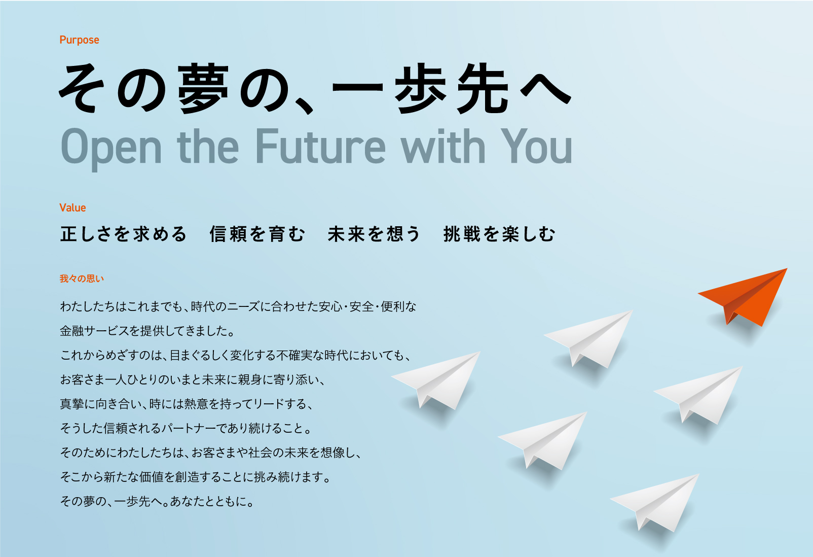 Purpose その夢の、一歩先へ Open the Future with You Value 正しさを求める 信頼を育む 未来を想う 挑戦を楽しむ 我々の思い わたしたちはこれまでも、時代のニーズに合わせた安心・安全・便利な金融サービスを提供してきました。これからめざすのは、目まぐるしく変化する不確実な時代においても、お客さま一人ひとりのいまと未来に親身に寄り添い、真摯に向き合い、時には熱意を持ってリードする、そうした信頼されるパートナーであり続けること。そのためにわたしたちは、お客さまや社会の未来を想像し、そこから新たな価値を創造することに挑み続けます。その夢の、一歩先へ。あなたとともに。