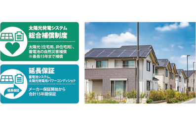 太陽光発電システム総合補償制度 太陽光(住宅用、非住宅用)、蓄電池の自然災害補償 ※最長15年まで補償 延長保証 蓄電池システム、太陽光発電用パワーコンディショナ メーカー保証開始から合計15年間保証