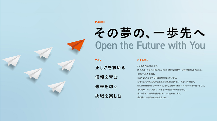 Purpose その夢の、一歩先へ Open the Future with You Value 正しさを求める 信頼を育む 未来を想う 挑戦を楽しむ 我々の思い わたしたちはこれまでも、時代のニーズに合わせた安心・安全・便利な金融サービスを提供してきました。これからめざすのは、目まぐるしく変化する不確実な時代においても、お客さま一人ひとりのいまと未来に親身に寄り添い、真摯に向き合い、時には熱意を持ってリードする、そうした信頼されるパートナーであり続けること。そのためにわたしたちは、お客さまや社会の未来を想像し、そこから新たな価値を創造することに挑み続けます。その夢の、一歩先へ。あなたとともに。
