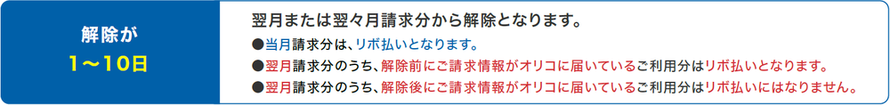 解除が1～10日：翌月または翌々月請求分から解除となります。当月請求分は、リボ払いとなります。翌月請求分のうち、解除前にご請求情報がオリコに届いているご利用分はリボ払いとなります。翌月請求分のうち、解除後にご請求情報がオリコに届いているご利用分はリボ払いにはなりません。