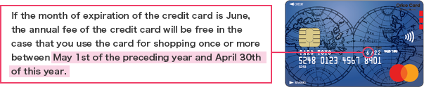 If the month of expiration of the credit card is June, the annual fee of the credit card will be free in the case that you use the card for shopping once or more between May 1st of the preceding year and April 30th of this year.