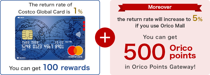 The return rate of Costco Global Card is １％,You can get 100 rewards + [Moreover] the return rate will increase to 5％ if you use Orico Mall You can get 500 Orico points in Orico Points Gateway!