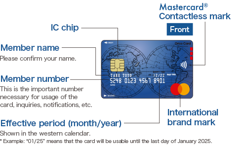 [Front] Mastercard® Contactless mark, IC chip, Member name:Please confirm your name., Member number:This is the important number necessary for usage of the card, inquiries, notifications, etc., Effective period (month/year):Shown in the western calendar. * Example: “01/25” means that the card will be usable until the last day of January 2025., International brand mark