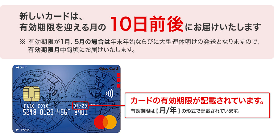 新しいカードは、有効期限を迎える月の10日前後にお届けいたします カードの有効期限が記載されています。有効期限は【月/年】の形式で記載されています。※有効期限が1月、5月の場合は年末年始ならびに大型連休明けの発送となりますので、有効期限月中旬頃にお届けいたします。