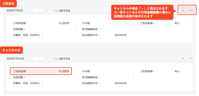 キャンセルの場合「－」と表示されます ※一部キャンセルや利用金額減額の場合は減額後の金額が表示されます