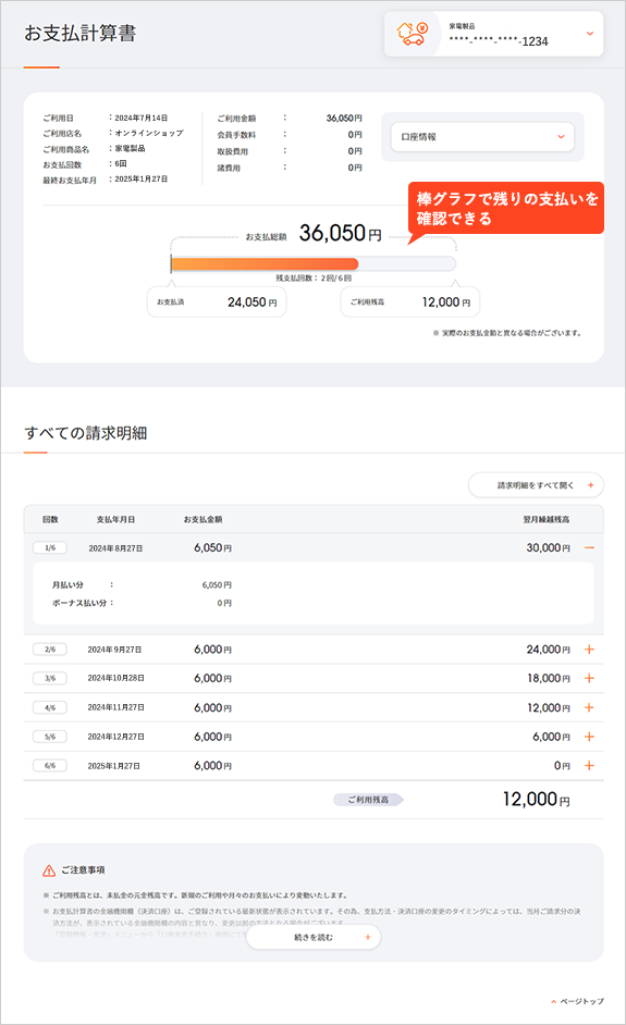 棒グラフで残りの支払いを確認できる