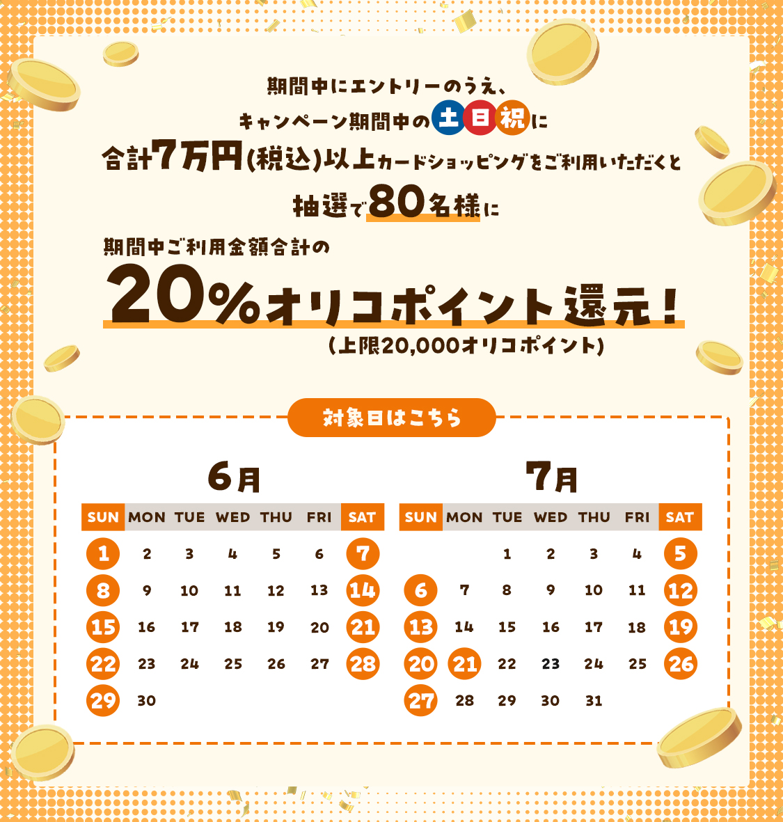 期間中にエントリーのうえ、キャンペーン期間中の土日祝に合計7万円(税込)以上カードショッピングをご利用すると80名様にご利用金額合計の20%分のオリコポイント（上限20,000オリコポイント）をプレゼント！
