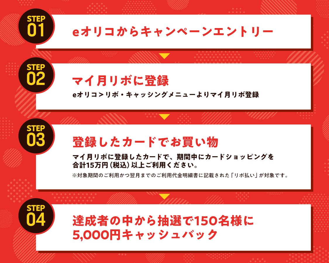 STEP01 eオリコからキャンペーンエントリー STEP02 マイ月リボに登録 eオリコ＞リボ・キャッシングメニューよりマイ月リボ登録 STEP03 登録したカードでお買い物 マイ月リボに登録したカードで、期間中にカードショッピングを合計15万円（税込）以上ご利用ください。※対象期間のご利用かつ翌月までのご利用代金明細書に記載された「リボ払い」が対象です。 STEP04 達成者の中から抽選で150名様に5,000円キャッシュバック