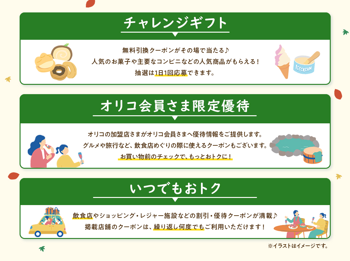 チャレンジギフト：無料引換クーポンがその場で当たる♪ 人気のお菓子や主要なコンビニなどの人気商品がもらえる！抽選は1日1回応募できます。 オリコ会員さま限定優待：オリコの加盟店さまがオリコ会員さまへ優待情報をご提供します。グルメや旅行など、飲食店めぐりの際に使えるクーポンもございます。お買い物前のチェックで、もっとおトクに！ いつでもおトク：飲食店やショッピング・レジャー施設などの割引・優待クーポンが満載♪掲載店舗のクーポンは、繰り返し何度でもご利用⁮いただけます！※イラストはイメージです。