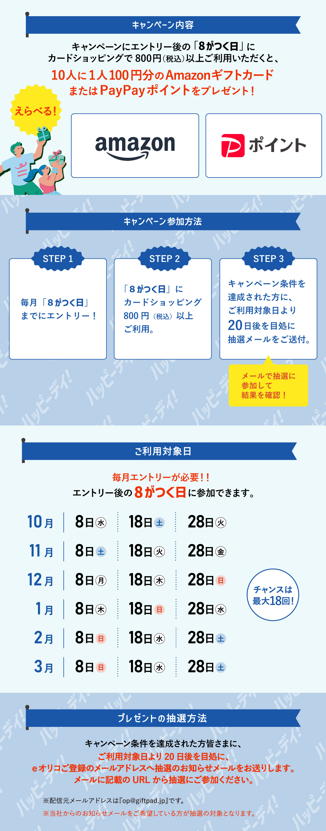[キャンペーン内容] キャンペーンにエントリー後の「8がつく日」にカードショッピングで800円（税込）以上ご利用いただくと、10人に1人100円分のAmazonギフトカードまたはPayPayポイントをプレゼント！ [キャンペーン参加方法] STEP1：毎月「8がつく日」までにエントリー！ STEP2：「8がつく日」にカードショッピング800円（税込）以上ご利用。 STEP3：キャンペーン条件を達成された方に、ご利用対象日より20日後を目処に抽選メールをご送付。メールで抽選に参加して結果を確認！ [ご利用対象日] 毎月エントリーが必要！！エントリー後の8がつく日に参加できます。10月は8日（水）、18日（土）、28日（火） 11月は8日（土）、18日（火）、28日（金） 12月は8日（月）、18日（木）、28日（日） 1月は8日（木）、18日（日）、28日（水） 2月は8日（日）、18日（水）、28日（土） 3月は8日（日）、18日（水）、28日（土） チャンスは最大18回！ [プレゼントの抽選方法] キャンペーン条件を達成された方皆さまに、ご利用対象日より20日後を目処に、eオリコご登録のメールアドレスへ抽選のお知らせメールをお送りします。メールに記載のURLから抽選にご参加ください。 ※配信元メールアドレスは『op@giftpad.jp』です。※当社からのお知らせメールをご希望している方が抽選の対象となります。