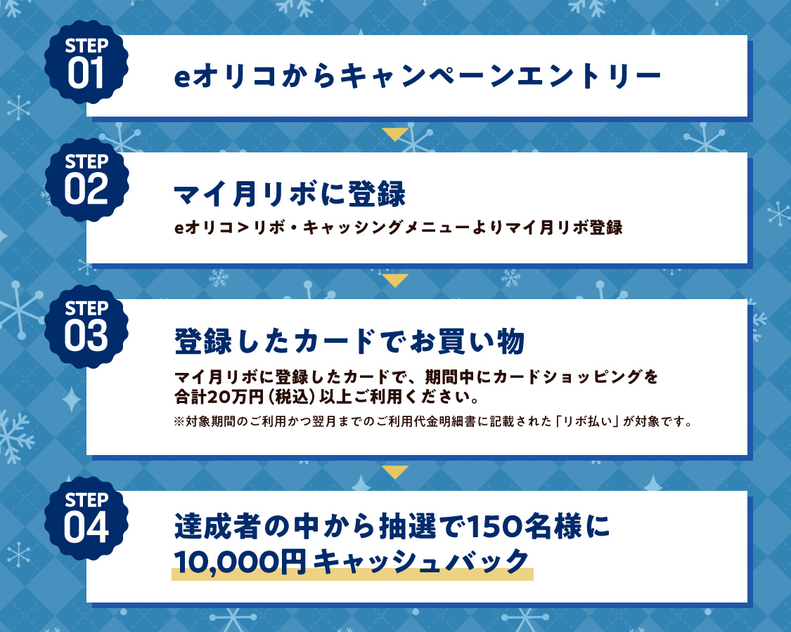 STEP01 eオリコからキャンペーンエントリー STEP02 マイ月リボに登録 eオリコ＞リボ・キャッシングメニューよりマイ月リボ登録 STEP03 登録したカードでお買い物 マイ月リボに登録したカードで、期間中にカードショッピングを合計20万円（税込）以上ご利用ください。※対象期間のご利用かつ翌月までのご利用代金明細書に記載された「リボ払い」が対象です。 STEP04 達成者の中から抽選で150名様に10,000円キャッシュバック