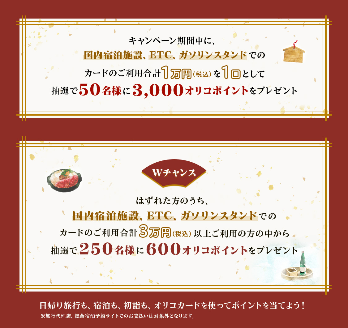 キャンペーン期間中に、国内宿泊施設、ETC、ガソリンスタンドでのカードのご利用合計1万円（税込）を1口として抽選で50名様に3,000オリコポイントをプレゼント Wチャンス はずれた方のうち、国内宿泊施設、ETC、ガソリンスタンドでのカードのご利用合計3万円（税込）以上ご利用の方の中から抽選で250名様に600オリコポイントをプレゼント 日帰り旅行も、宿泊も、初詣も、オリコカードを使ってポイントを当てよう！ ※旅行代理店、総合宿泊予約サイトでのお支払いは対象外となります。