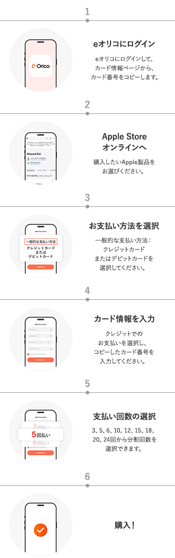 1 eオリコにログイン eオリコにログインして、カード情報ページから、カード番号をコピーします。 2 Apple Storeオンラインへ 購入したいApple製品をお選びください。 3 お支払い方法を選択 一般的な支払い方法：クレジットカードまたはデビットカードを選択してください。 4 カード情報を入力 クレジットでのお支払いを選択し、コピーしたカード番号を入力してください。 5 支払い回数の選択 3、5、6、10、12、15、18、20、24回から分割回数を選択できます。 6 購入！