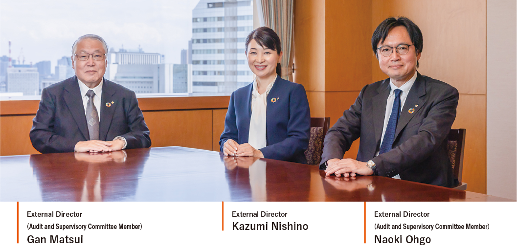 External Director (Audit and Supervisory Committee Member) Gan Matsui / External Director Kazumi Nishino / External Director (Audit and Supervisory Committee Member) Naoki Ohgo