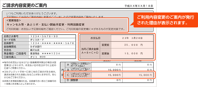 キャンセル等が発生した場合 ご利用内容変更のご案内が発送されます オリコからのお知らせ