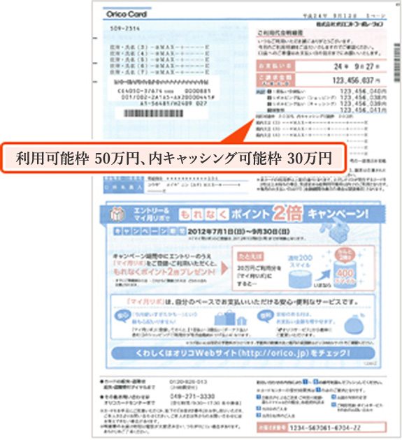 利用可能枠 30万円、内キャッシング可能枠 20万円