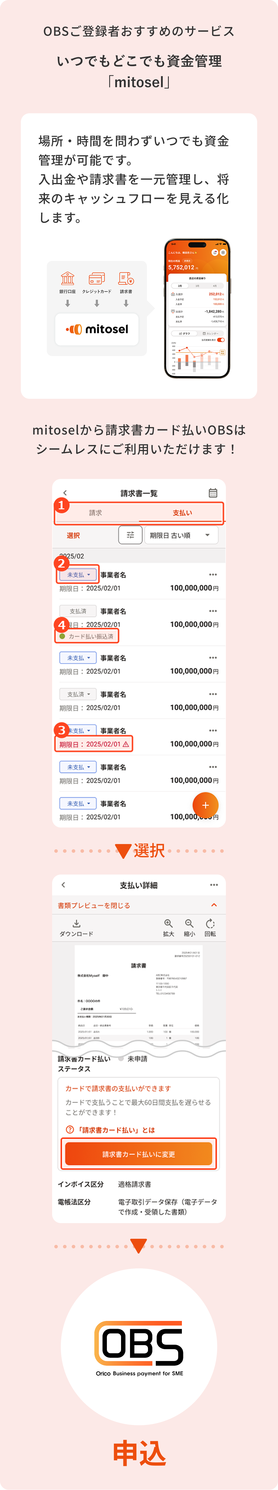 OBSご登録者おすすめのサービス いつでもどこでも資金管理「mitosel」 場所・時間を問わずいつでも資金管理が可能です。入出金や請求書を一元管理し、将来のキャッシュフローを見える化します。mitoselから請求書カード払いOBSはシームレスにご利用いただけます！