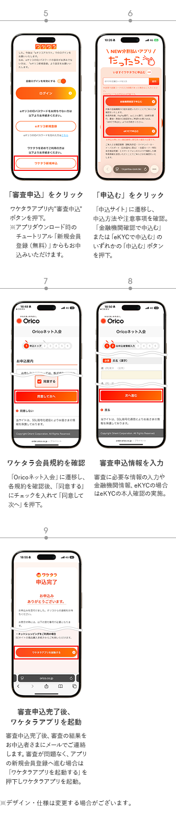 ⑤「審査申込」をクリック：ワケタラアプリ内”審査申込”ボタンを押下。※アプリダウンロード時のチュートリアル「新規会員登録（無料）」からもお申込みいただけます。⑥「申込む」をクリック：「申込サイト」に遷移し、申込方法や注意事項を確認。「金融機関確認で申込む」または「eKYCで申込む」のいずれかの「申込む」ボタンを押下。⑦ワケタラ会員規約を確認：「Oricoネット入会」に遷移し、各規約を確認後、「同意する」にチェックを入れて「同意して次へ」を押下。⑧審査申込情報を入力：審査に必要な情報の入力や金融機関情報、eKYCの場合はeKYCの本人確認の実施。⑨審査申込完了後、ワケタラアプリを起動：審査申込完了後、審査の結果をお申込者さまにメールでご連絡します。審査が問題なく、アプリの新規会員登録へ進む場合は「ワケタラアプリを起動する」を押下しワケタラアプリを起動。※デザイン・仕様は変更する場合がございます。