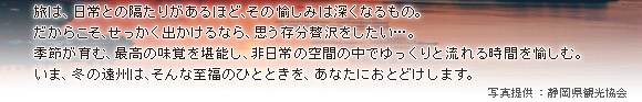 旅は、日常との隔たりがあるほど、その愉しみは深くなるもの。だからこそ、せっかく出かけるなら、思う存分贅沢をしたい…。季節が育む、最高の味覚を堪能し、非日常の空間の中でゆっくりと流れる時間を愉しむ。いま、冬の遠州は、そんな至福のひとときを、あなたにおとどけします。 写真提供:静岡県観光協会